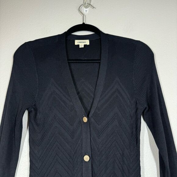 L'Agence Millie Knit Cardigan Sweater Black Long Line V-Neck Chevron Size Small - Picture 3 of 8